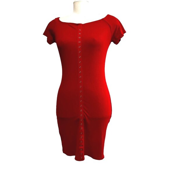 Heart & Hips Red Ribbed Bodycon Button Down Mini Dress Sz Large Womens Short Sle - Picture 3 of 7